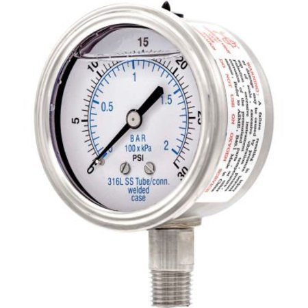 ENGINEERED SPECIALTY PRODUCTS, INC PIC Gauges 2.5" All Stainless Pressure Gauge, 1/4" NPT, 0/30 PSI, Glycerine Filled, LM, 301L-254C 301L-254C